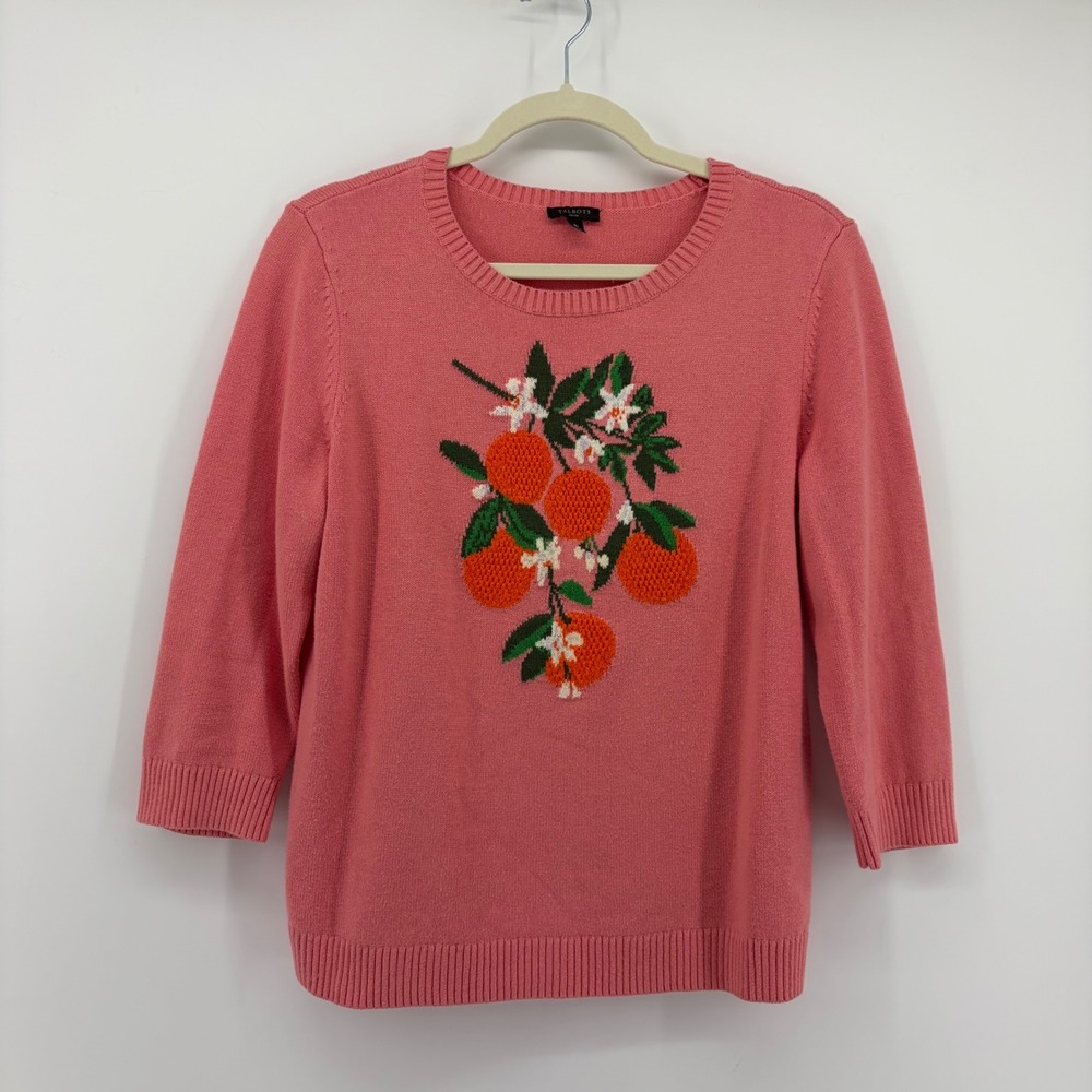 Talbots Womens MP Coral Pink Sweater Orange Citrus Embroidered 3/4‎ Sleeve